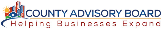 Logo for County Advisory Board with slogan “Helping Businesses Expand,” featuring stylized buildings, a sun graphic, and a subtle nod to local trades such as a plumber to represent diverse community services.